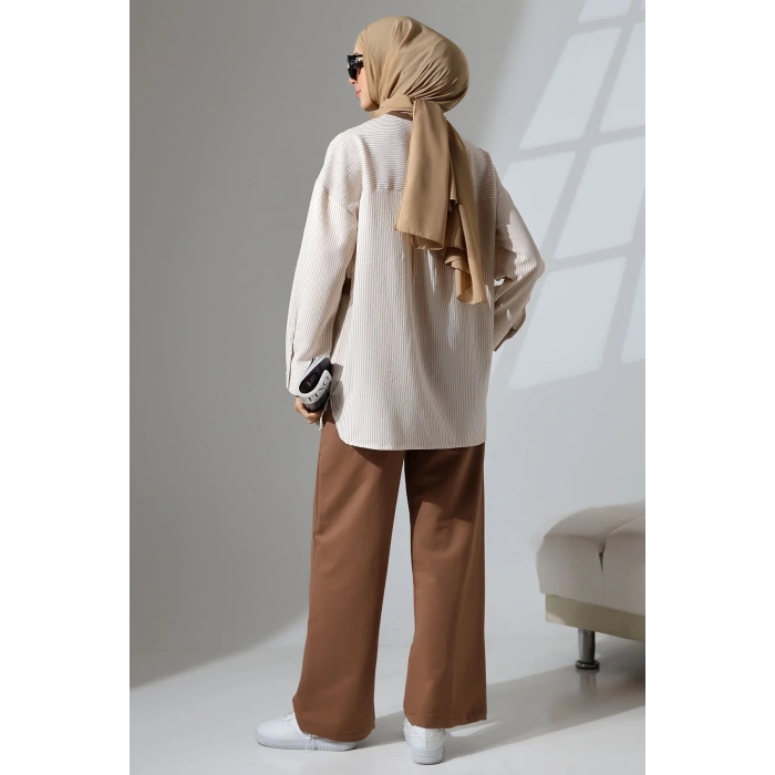 Kadın Kahverengi Mevsimlik Penye Alt Üst Spor Ve Rahat Ikili Tunik Pantolon Şık Tesettür Takım