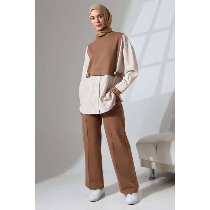 Kadın Kahverengi Mevsimlik Penye Alt Üst Spor Ve Rahat Ikili Tunik Pantolon Şık Tesettür Takım