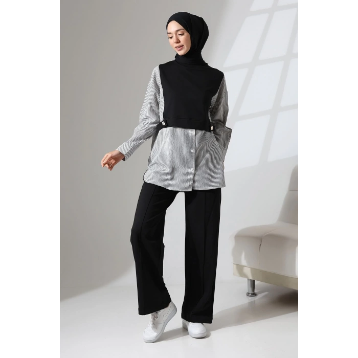 Kadın Siyah Mevsimlik Penye Alt Üst Spor Ve Rahat Ikili Tunik Pantolon Şık Tesettür Takım