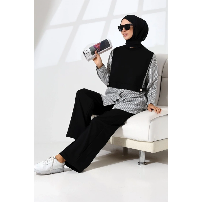 Kadın Siyah Mevsimlik Penye Alt Üst Spor Ve Rahat Ikili Tunik Pantolon Şık Tesettür Takım