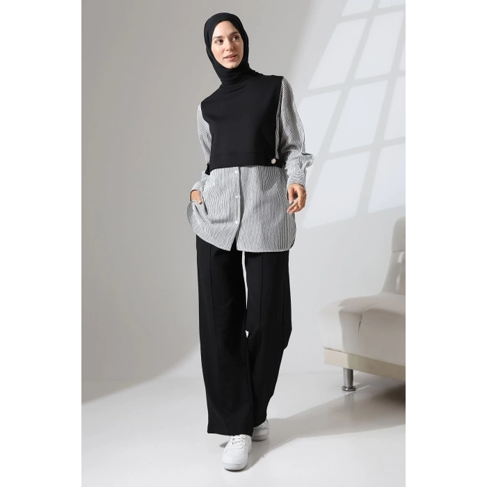 Kadın Siyah Mevsimlik Penye Alt Üst Spor Ve Rahat Ikili Tunik Pantolon Şık Tesettür Takım