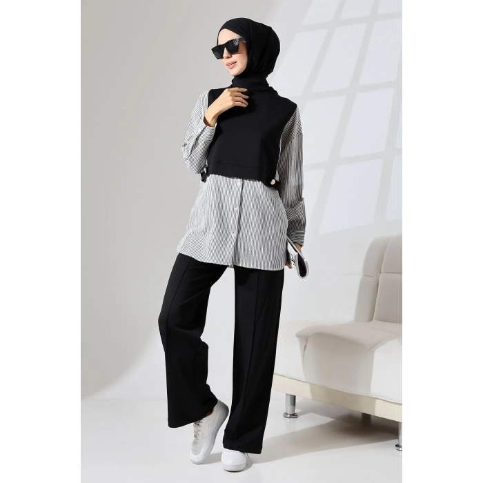 Kadın Siyah Mevsimlik Penye Alt Üst Spor Ve Rahat Ikili Tunik Pantolon Şık Tesettür Takım