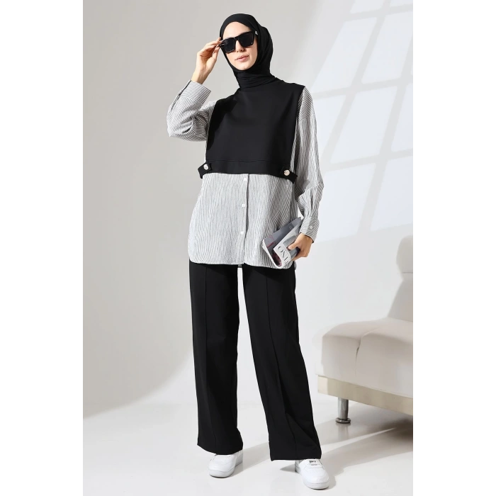 Kadın Siyah Mevsimlik Penye Alt Üst Spor Ve Rahat Ikili Tunik Pantolon Şık Tesettür Takım