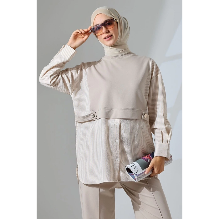 Kadın Taş Rengi Mevsimlik Penye Alt Üst Spor ve Rahat Tesettür Takım