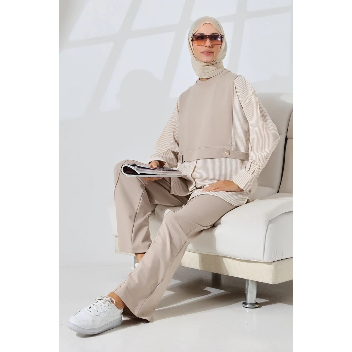 Kadın Taş Rengi Mevsimlik Penye Alt Üst Spor ve Rahat Tesettür Takım