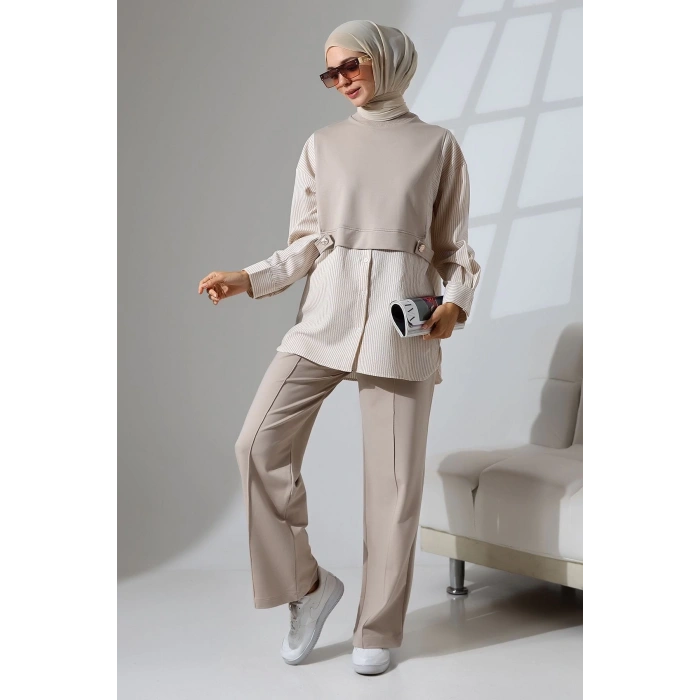 Kadın Taş Rengi Mevsimlik Penye Alt Üst Spor ve Rahat Tesettür Takım