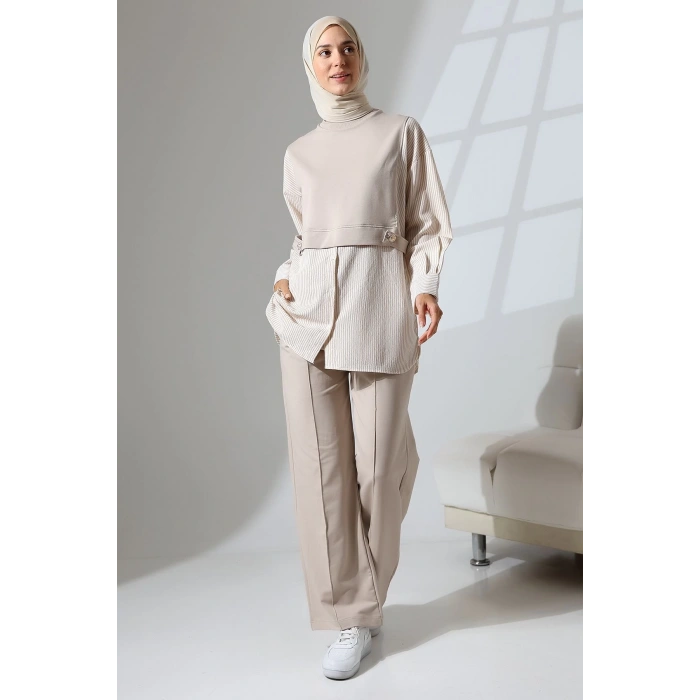 Kadın Taş Rengi Mevsimlik Penye Alt Üst Spor ve Rahat Tesettür Takım