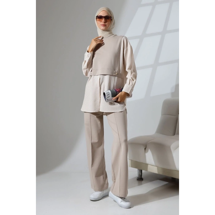 Kadın Taş Rengi Mevsimlik Penye Alt Üst Spor ve Rahat Tesettür Takım