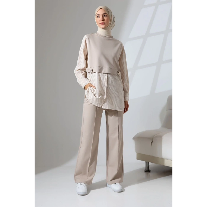 Kadın Taş Rengi Mevsimlik Penye Alt Üst Spor ve Rahat Tesettür Takım