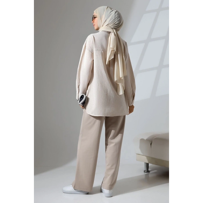 Kadın Taş Rengi Mevsimlik Penye Alt Üst Spor ve Rahat Tesettür Takım