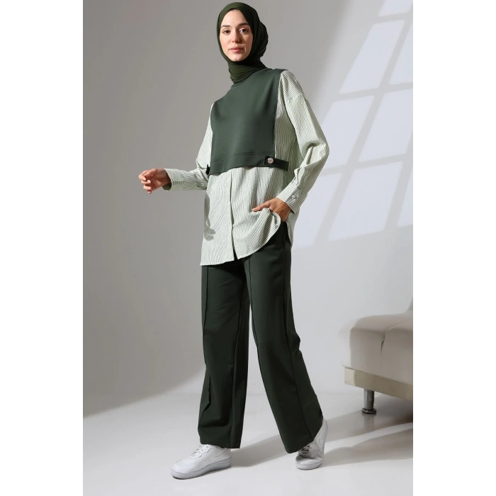 Kadın Haki Yeşili Mevsimlik Penye Alt Üst Spor Ve Rahat Ikili Tunik Pantolon Şık Tesettür Takım