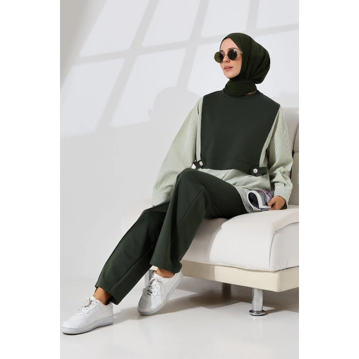 Kadın Haki Yeşili Mevsimlik Penye Alt Üst Spor Ve Rahat Ikili Tunik Pantolon Şık Tesettür Takım