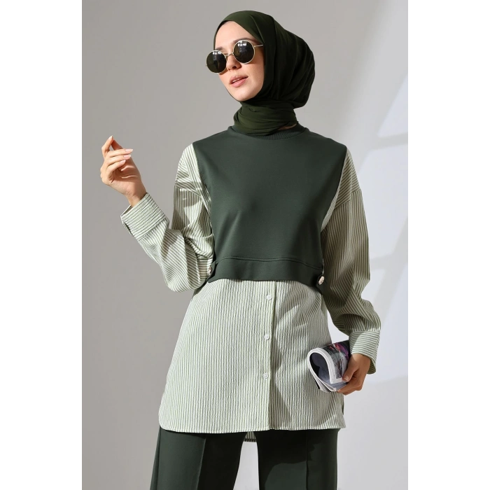 Kadın Haki Yeşili Mevsimlik Penye Alt Üst Spor Ve Rahat Ikili Tunik Pantolon Şık Tesettür Takım