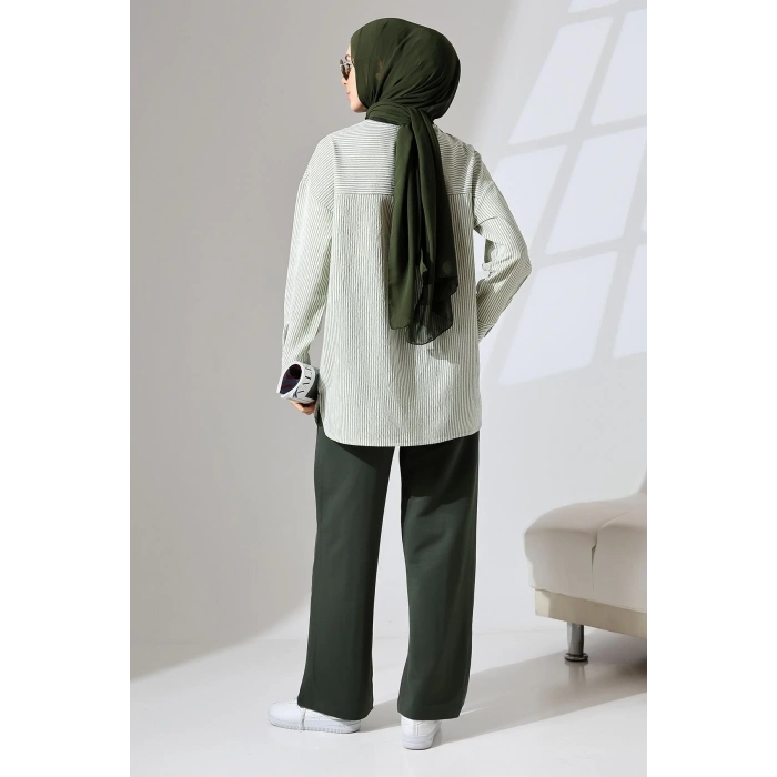 Kadın Haki Yeşili Mevsimlik Penye Alt Üst Spor Ve Rahat Ikili Tunik Pantolon Şık Tesettür Takım