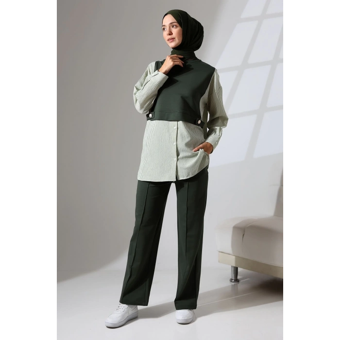 Kadın Haki Yeşili Mevsimlik Penye Alt Üst Spor Ve Rahat Ikili Tunik Pantolon Şık Tesettür Takım