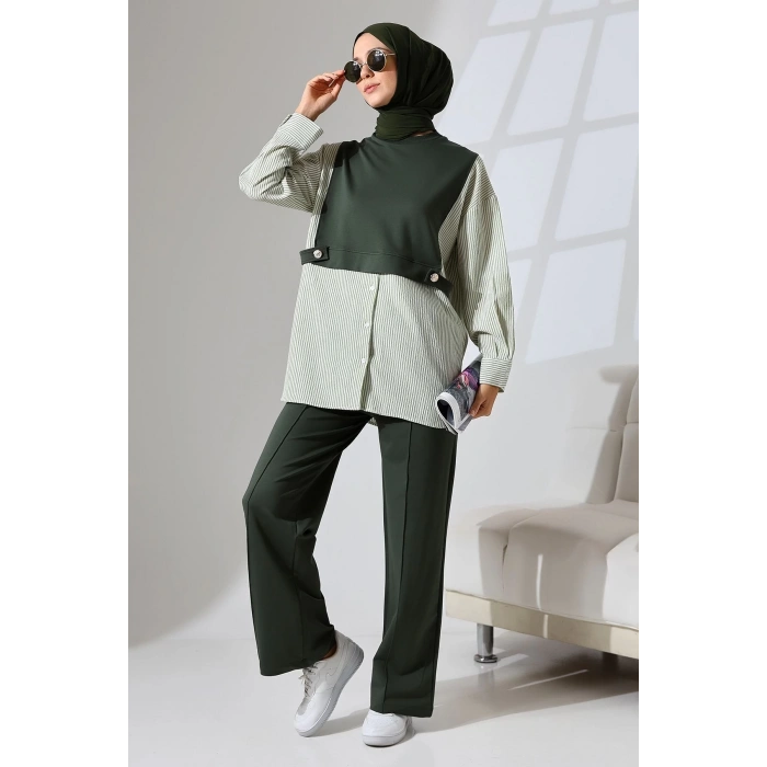 Kadın Haki Yeşili Mevsimlik Penye Alt Üst Spor Ve Rahat Ikili Tunik Pantolon Şık Tesettür Takım