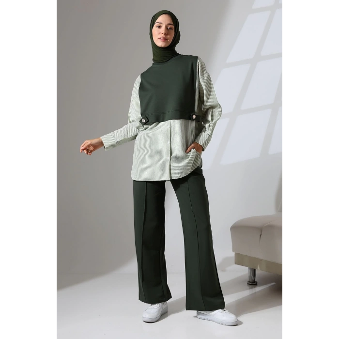 Kadın Haki Yeşili Mevsimlik Penye Alt Üst Spor Ve Rahat Ikili Tunik Pantolon Şık Tesettür Takım