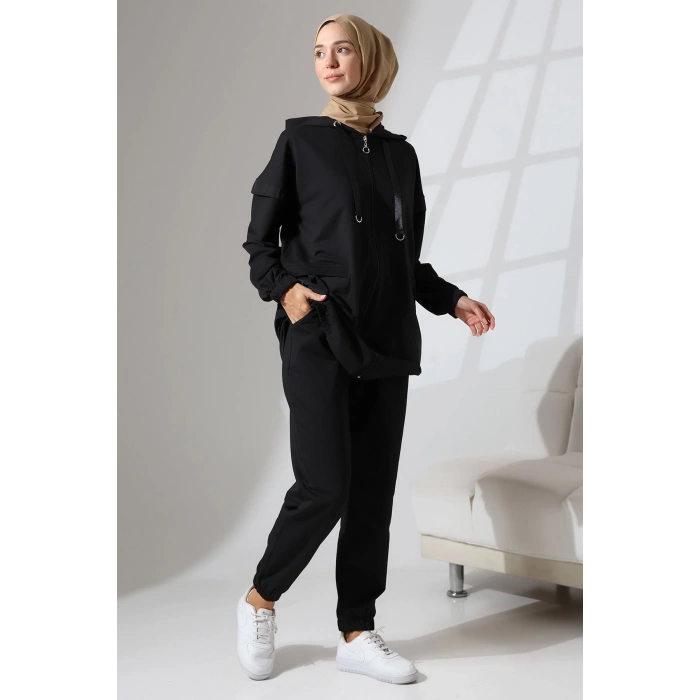 Kadın Siyah Mevsimlik Penye Alt Üst Spor ve Rahat Tesettür Takım