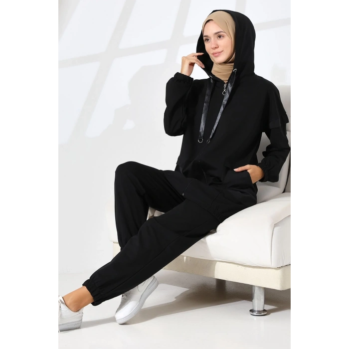 Kadın Siyah Mevsimlik Penye Alt Üst Spor ve Rahat Tesettür Takım