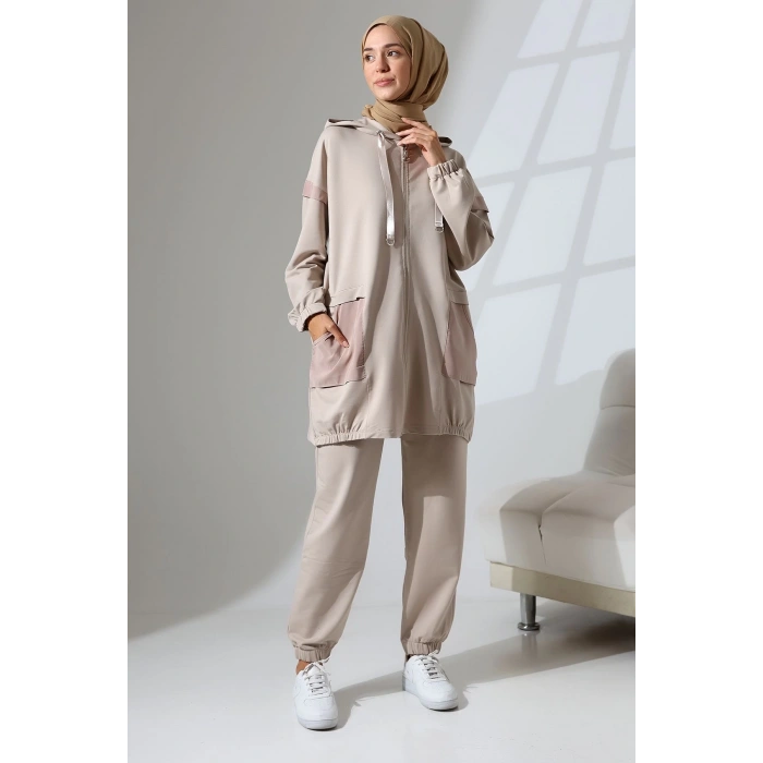 Kadın Taş Rengi Mevsimlik Penye Alt Üst Spor Ve Rahat Ikili Tunik Pantolon Şık Tesettür Takım