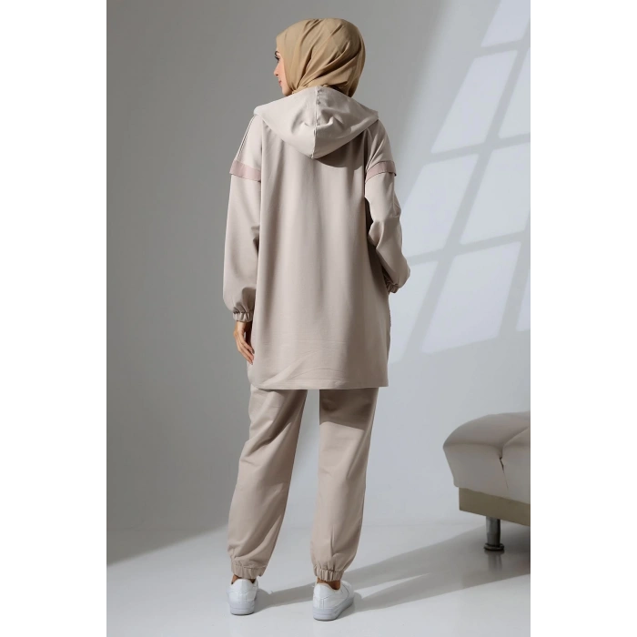 Kadın Taş Rengi Mevsimlik Penye Alt Üst Spor Ve Rahat Ikili Tunik Pantolon Şık Tesettür Takım