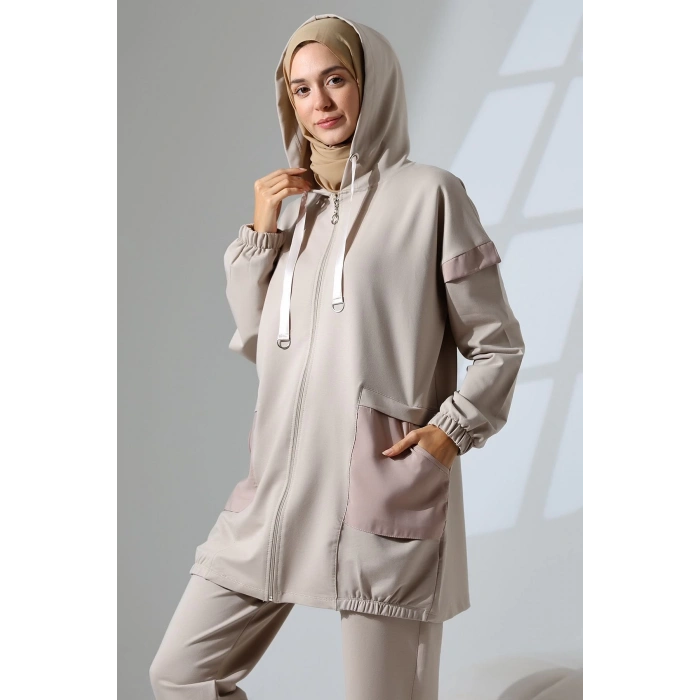 Kadın Taş Rengi Mevsimlik Penye Alt Üst Spor Ve Rahat Ikili Tunik Pantolon Şık Tesettür Takım