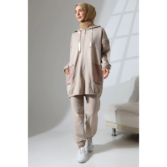 Kadın Taş Rengi Mevsimlik Penye Alt Üst Spor Ve Rahat Ikili Tunik Pantolon Şık Tesettür Takım