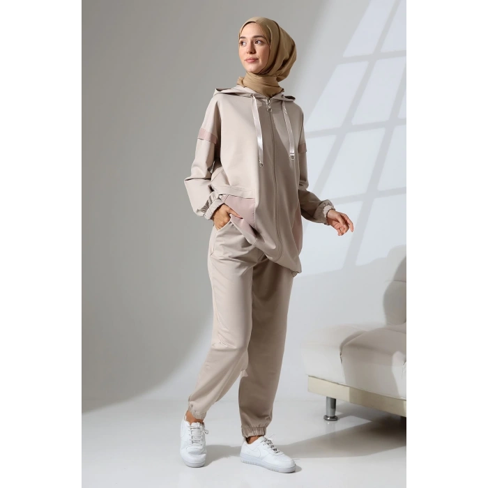 Kadın Taş Rengi Mevsimlik Penye Alt Üst Spor Ve Rahat Ikili Tunik Pantolon Şık Tesettür Takım