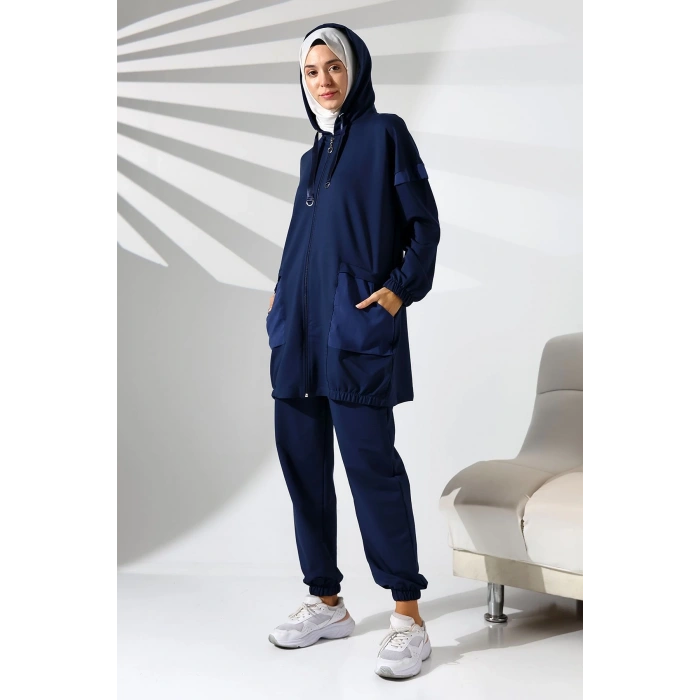 Kadın Mevsimlik Penye Alt Üst Spor ve Rahat Lacivert Tesettür Takım