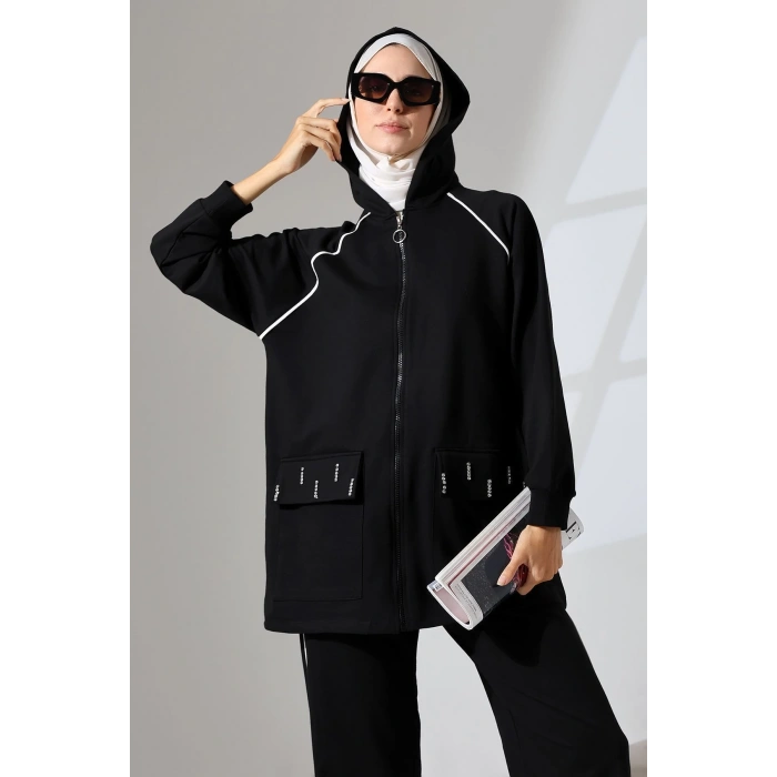 Kadın Siyah Mevsimlik Penye Alt Üst Spor Ve Rahat Ikili Tunik Pantolon Şık Tesettür Takım