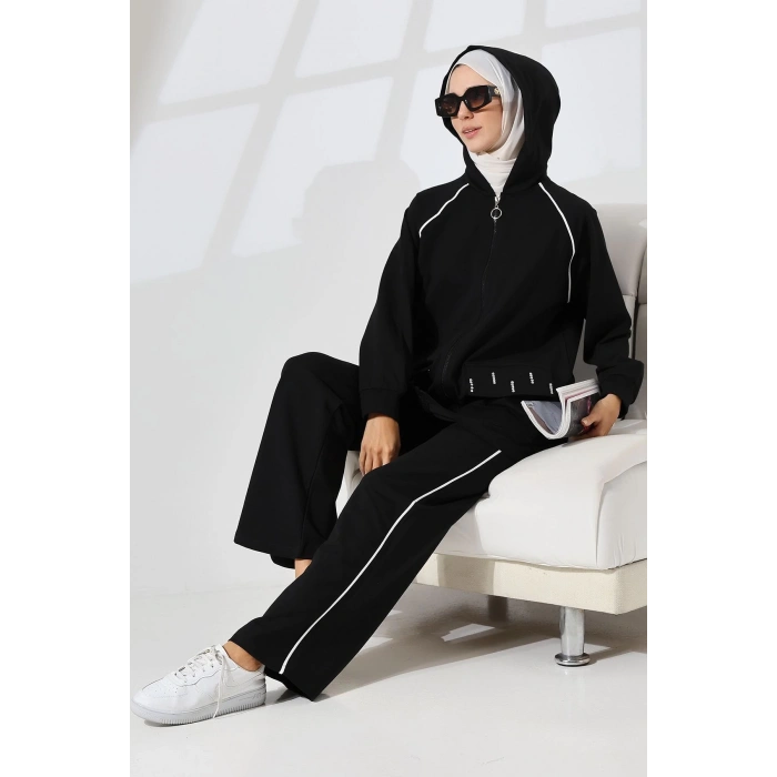 Kadın Siyah Mevsimlik Penye Alt Üst Spor Ve Rahat Ikili Tunik Pantolon Şık Tesettür Takım