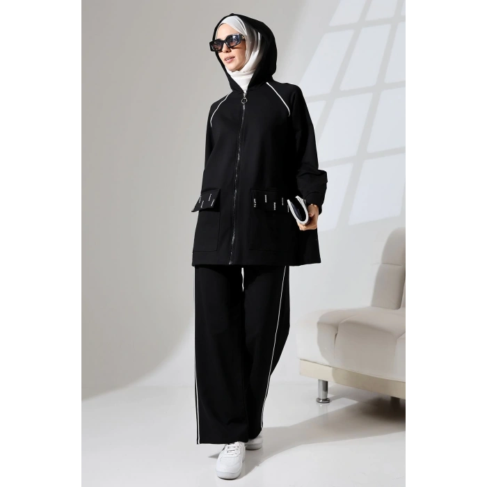 Kadın Siyah Mevsimlik Penye Alt Üst Spor Ve Rahat Ikili Tunik Pantolon Şık Tesettür Takım