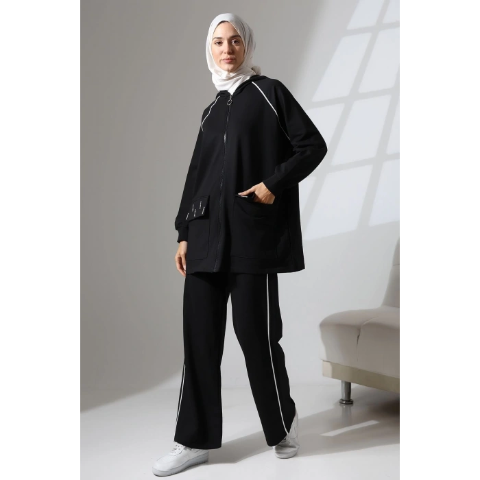 Kadın Siyah Mevsimlik Penye Alt Üst Spor Ve Rahat Ikili Tunik Pantolon Şık Tesettür Takım