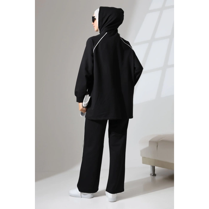 Kadın Siyah Mevsimlik Penye Alt Üst Spor Ve Rahat Ikili Tunik Pantolon Şık Tesettür Takım