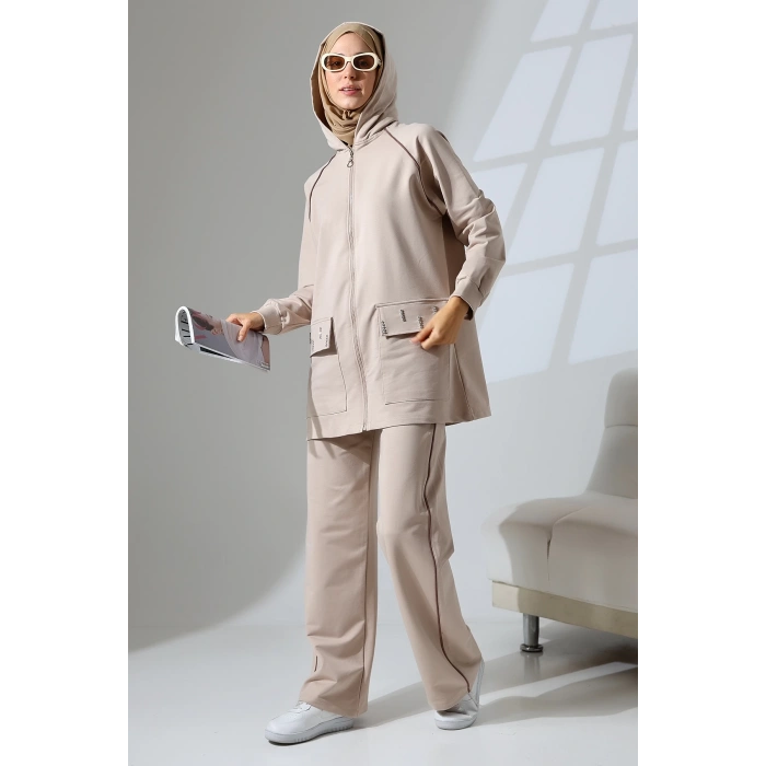 Kadın Taş Rengi Mevsimlik Penye Alt Üst Spor Ve Rahat Ikili Tunik Pantolon Şık Tesettür Takım