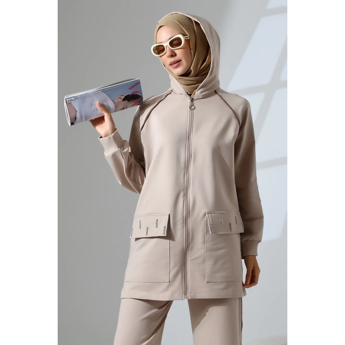 Kadın Taş Rengi Mevsimlik Penye Alt Üst Spor Ve Rahat Ikili Tunik Pantolon Şık Tesettür Takım