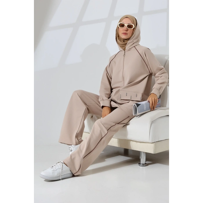 Kadın Taş Rengi Mevsimlik Penye Alt Üst Spor Ve Rahat Ikili Tunik Pantolon Şık Tesettür Takım