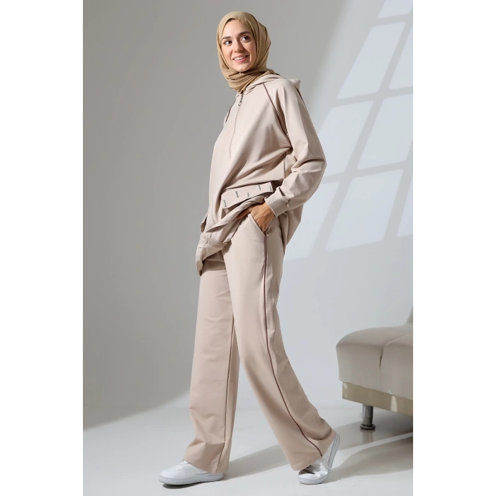 Kadın Taş Rengi Mevsimlik Penye Alt Üst Spor Ve Rahat Ikili Tunik Pantolon Şık Tesettür Takım