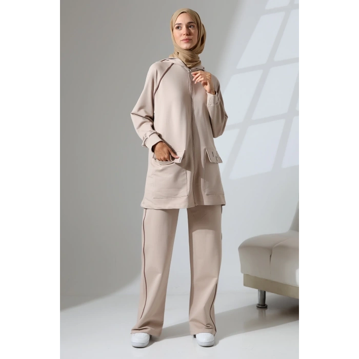 Kadın Taş Rengi Mevsimlik Penye Alt Üst Spor Ve Rahat Ikili Tunik Pantolon Şık Tesettür Takım