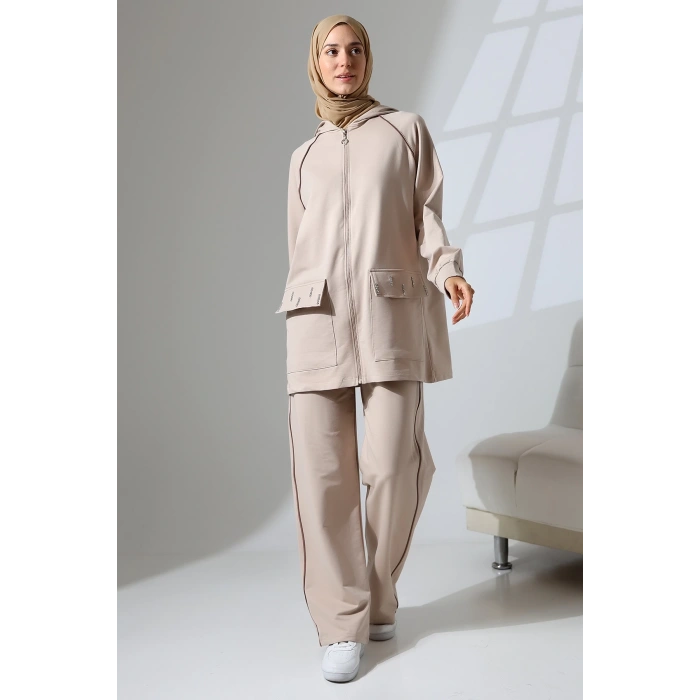 Kadın Taş Rengi Mevsimlik Penye Alt Üst Spor Ve Rahat Ikili Tunik Pantolon Şık Tesettür Takım