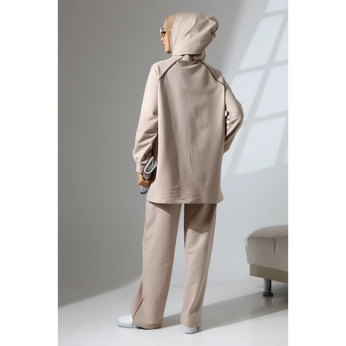 Kadın Taş Rengi Mevsimlik Penye Alt Üst Spor Ve Rahat Ikili Tunik Pantolon Şık Tesettür Takım