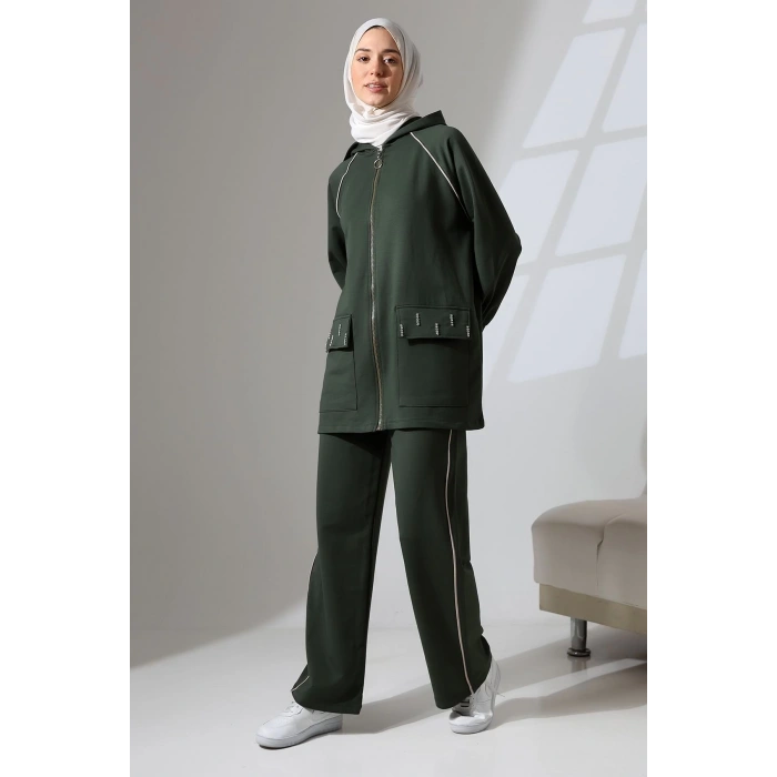 Kadın Haki Yeşili Mevsimlik Penye Alt Üst Spor Ve Rahat Ikili Tunik Pantolon Şık Tesettür Takım