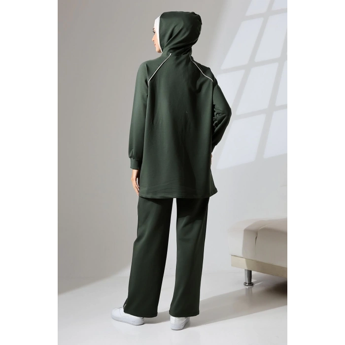 Kadın Haki Yeşili Mevsimlik Penye Alt Üst Spor Ve Rahat Ikili Tunik Pantolon Şık Tesettür Takım