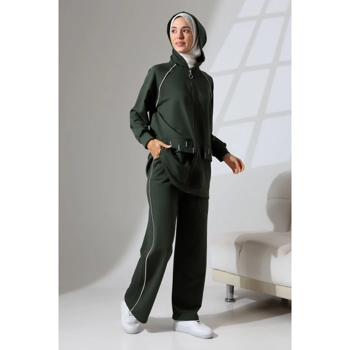Kadın Haki Yeşili Mevsimlik Penye Alt Üst Spor Ve Rahat Ikili Tunik Pantolon Şık Tesettür Takım