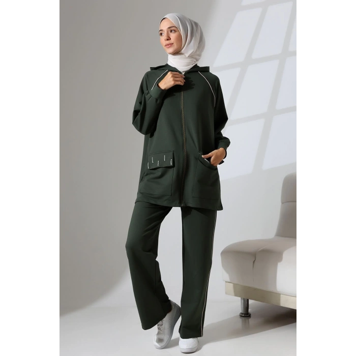 Kadın Haki Yeşili Mevsimlik Penye Alt Üst Spor Ve Rahat Ikili Tunik Pantolon Şık Tesettür Takım