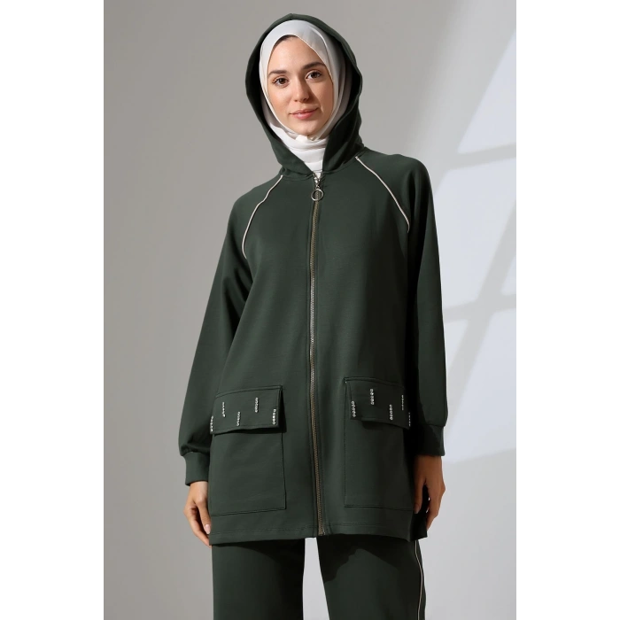 Kadın Haki Yeşili Mevsimlik Penye Alt Üst Spor Ve Rahat Ikili Tunik Pantolon Şık Tesettür Takım