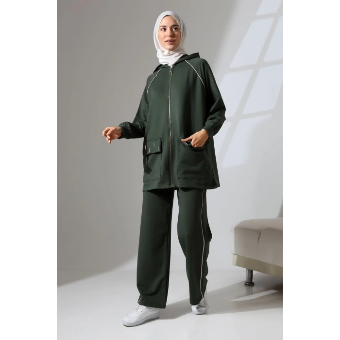 Kadın Haki Yeşili Mevsimlik Penye Alt Üst Spor Ve Rahat Ikili Tunik Pantolon Şık Tesettür Takım