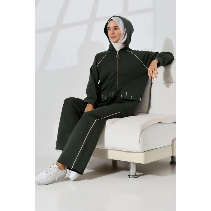 Kadın Haki Yeşili Mevsimlik Penye Alt Üst Spor Ve Rahat Ikili Tunik Pantolon Şık Tesettür Takım