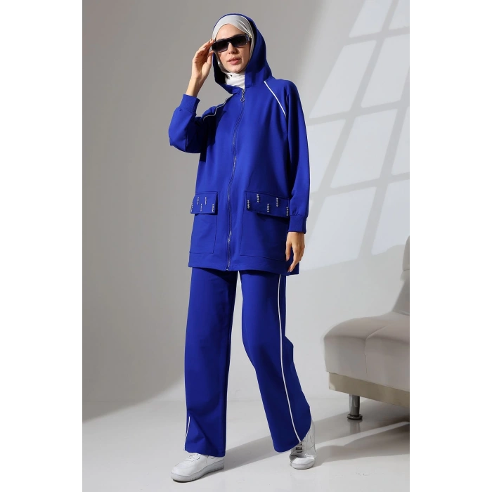 Kadın Saks Mavisi Mevsimlik Penye Alt Üst Spor Ve Rahat Ikili Tunik Pantolon Şık Tesettür Takım