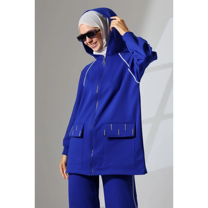 Kadın Saks Mavisi Mevsimlik Penye Alt Üst Spor Ve Rahat Ikili Tunik Pantolon Şık Tesettür Takım